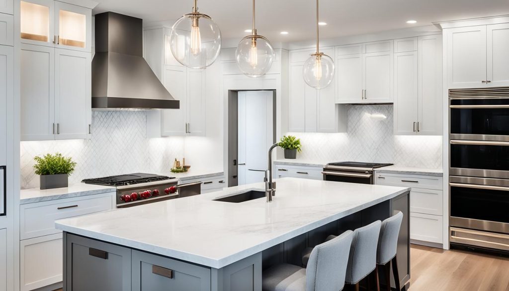 lighting fixtures with white shaker cabinets gray countertops