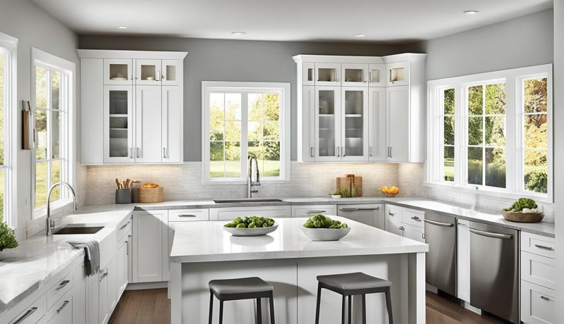 white shaker cabinets gray countertops