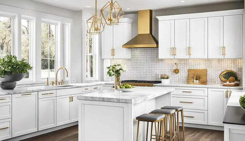 white shaker cabinets with gold hardware