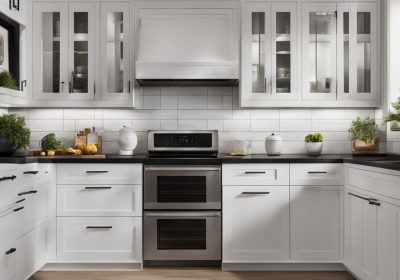 white shaker cabinets with black hardware